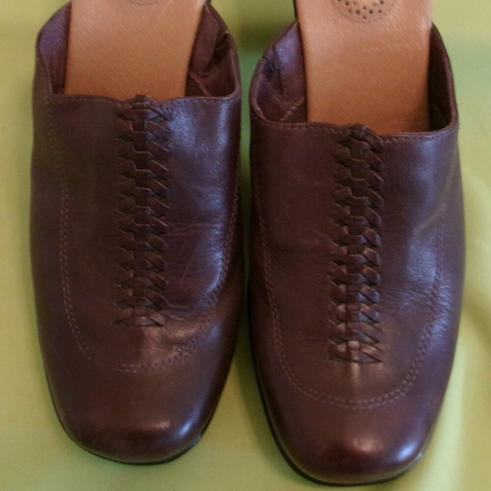 Great condition, Clarks, Size 7 1/2 M, Brown, 3" heels, Leather Mules